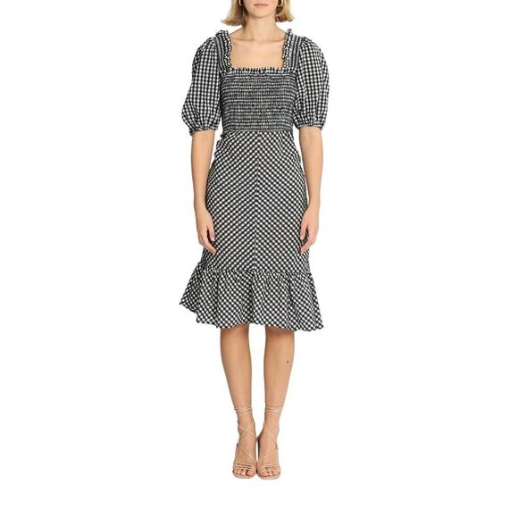 Ganni Gingham Check Seersucker Square Neck Puff Sleeve Dress Black